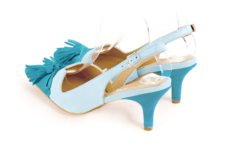 Turquoise blue women's open back shoes, with a knot. Tapered toe. Medium slim heel. Rear view - Florence KOOIJMAN